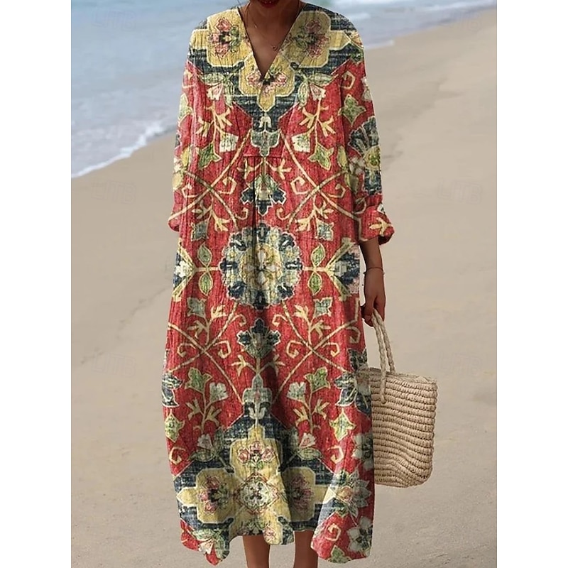 Women's Midi Dress V Neck Long Sleeve Kaftan Lightweight Loose Fit A Line Dress Casual Going out Loose Fit Floral Graphic Paisley Long Sleeve V Neck Light Pink Black Dark Pink Orange Fall