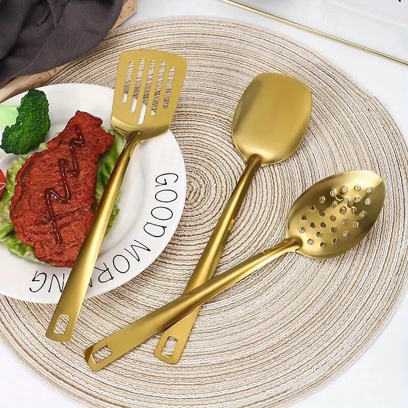 6-Piece Stainless Steel Gold Plated Kitchen Utensil Set, Essential Cooking Spoons, Skimmer, and Spatula for Home Use, Luxurious Gold Soup Ladle and Strainer, Perfect for Hot Pot, Buffet, Restaurant, Baking, Serving, Christmas Gift and Holiday Table Decor4