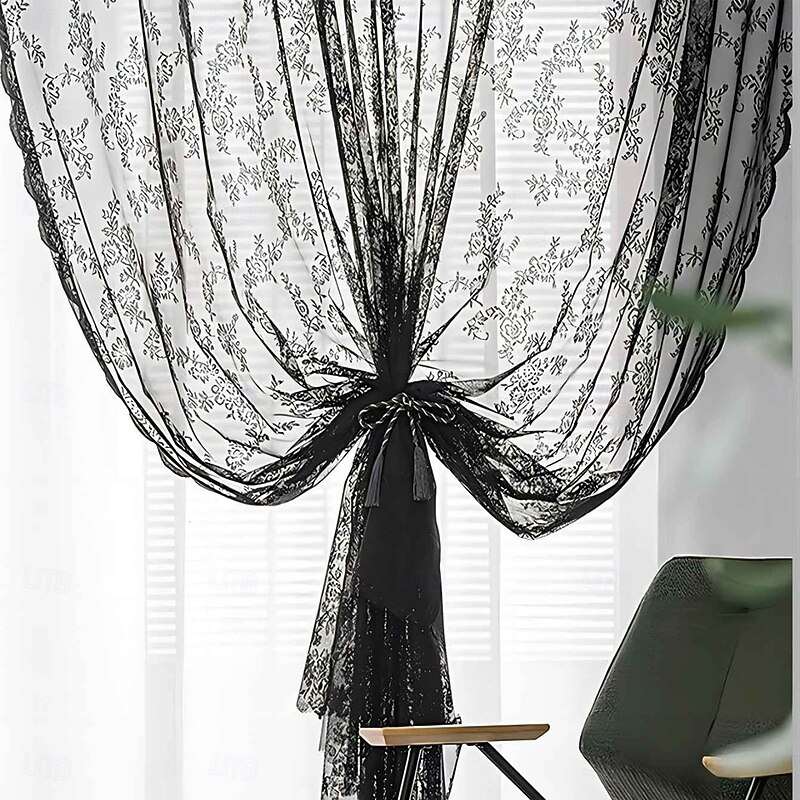 Curtain Drapes Jacquard Lace Border Grommet Curtains - Ready-Made Sheer Country-Style Outdoor Drapes2