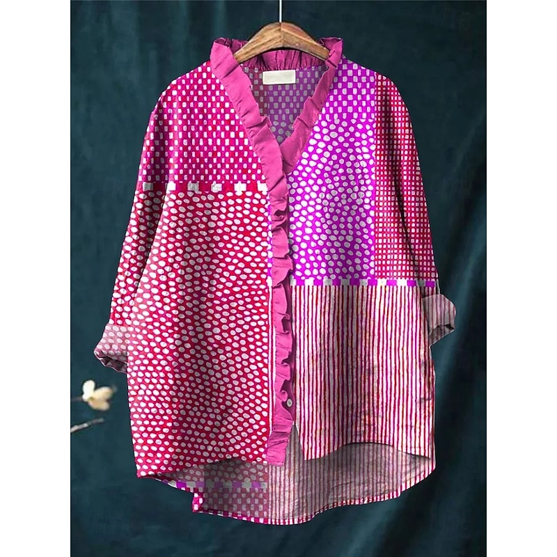 Women's Boho Shirt Graphic Geometric Elegant Bohemia Active V Neck Regular Tops Work Daily Holiday Ruched Ruffle Maroon Black Pink Blue Orange Summer Spring Fall2