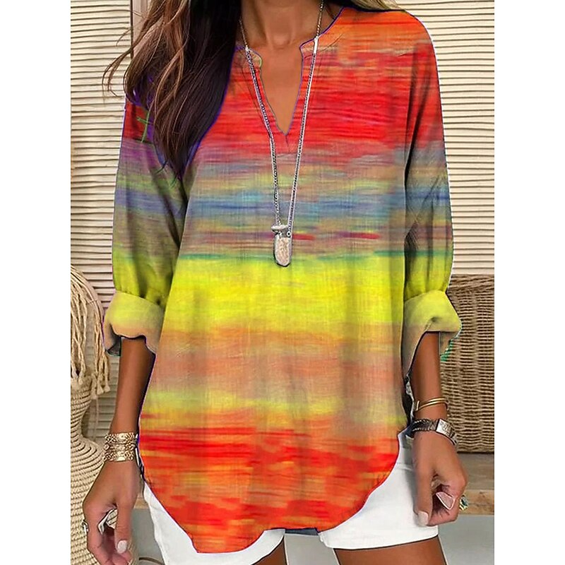 Women's Blouse Tunic V Neck Long Sleeve Boho Casual Tops Ombre Graphic Geometric Vintage Daily Stylish Regular Tops Daily Print Blue Purple Orange Green Fall
