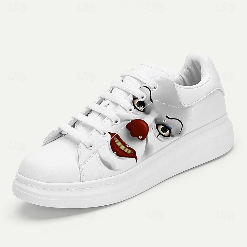 Men's White Sneakers with Evil Clown Face Print – Scary Halloween Shoes for Horror Fans and Party-Goers2