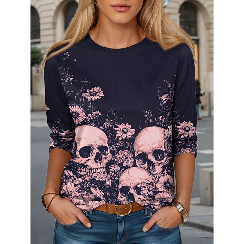 Halloween Women's T Shirt Skulls Crew Neck Long Sleeve Tunic Graphic Casual Round Neck Regular Tops Daily Print Pink Blue Purple Green Fall4