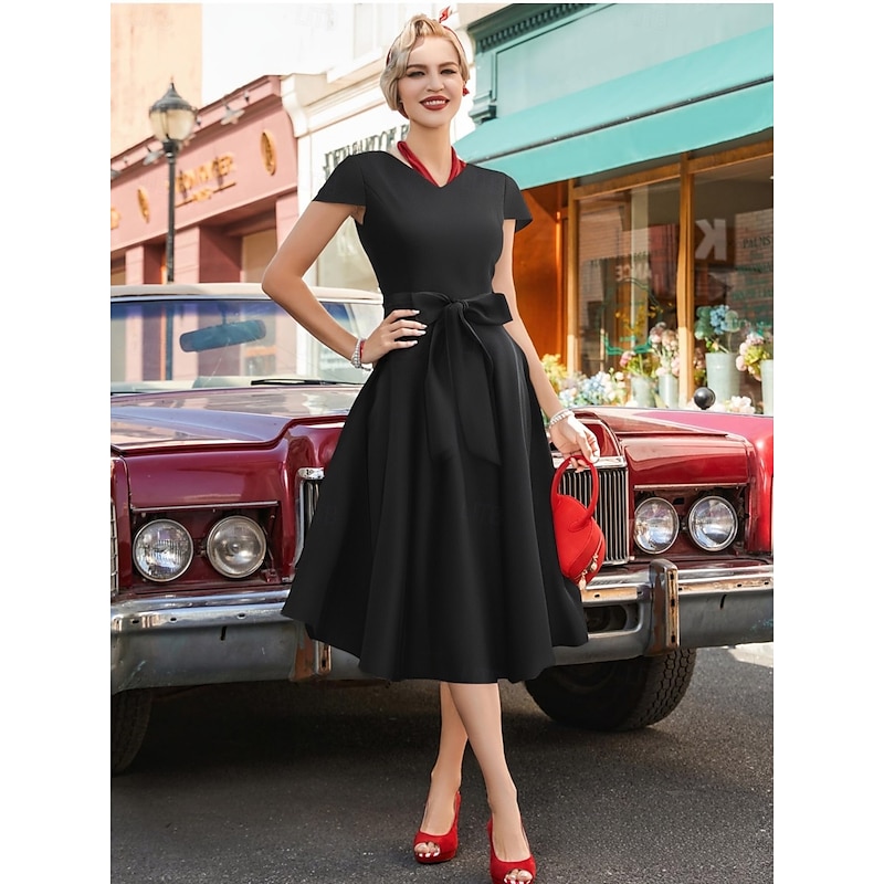 Retro Vintage 1950s Rockabilly Knee Length Dress Cocktail Dress Swing Dress Cap Sleeve Solid Color A-Line Fit & Flare Fancy Dress Women's Christmas Valentine's Day Party Homecoming Retro Theme Party