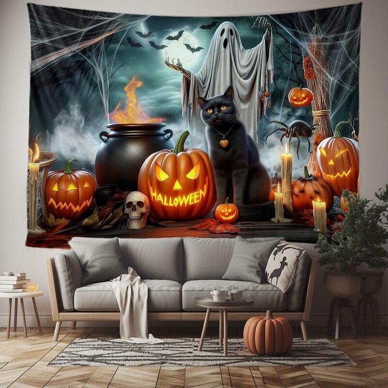 Halloween Witch Cauldron Wall Tapestry – Ghost, Pumpkins, and Potion Scene, Spooky Night Gothic Backdrop for 2025 HALLOWEEN Living Room, Bedroom, Party Decoration4