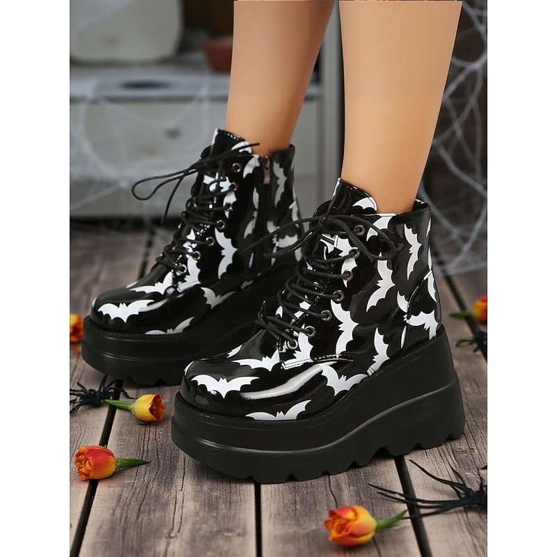 Women's Halloween Bat Print Platform Ankle Boots – Gothic Punk Lace-Up Chunky Heel Combat Boots for Parties, Cosplay, and Night Out