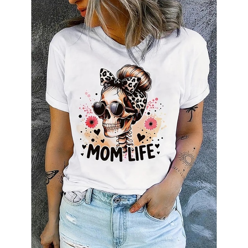 Halloween Women's T Shirt Skulls Cotton Shirt Flag Vintage Stylish Classic Short Sleeve Crew Neck Round Neck Regular Tops Daily Print Black White Summer Spring