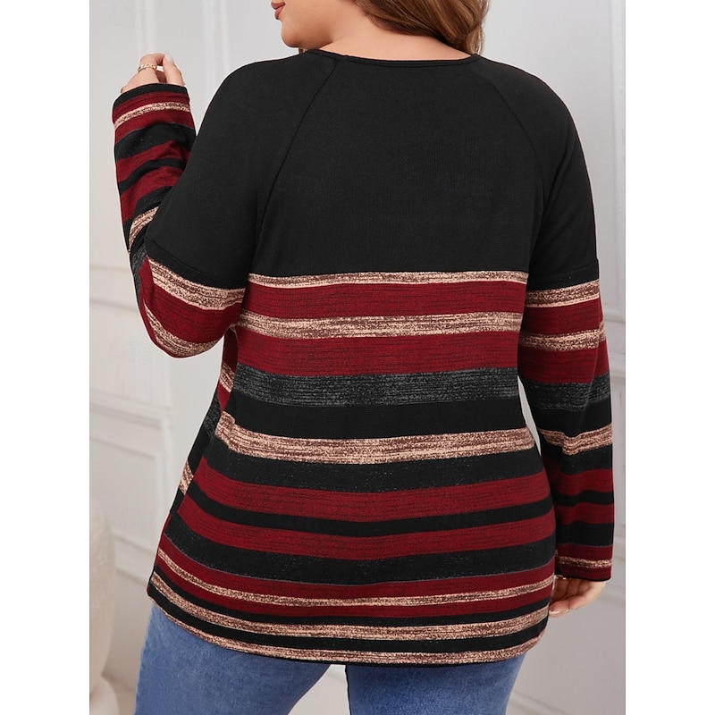 Women's Plus Size Tops Blouse Striped Buttons Print Long Sleeve Crew Neck Fashion Streetwear Casual Daily Weekend Knit Spring Fall Black2