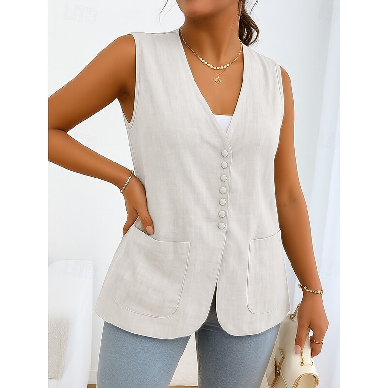 Women's Vest Comfortable Breathable Pocket Buttons Casual Plain Vacation Street Casual Daily Wear Single Breasted Short V Neck Regular Fit Sleeveless Outerwear White Khaki Beige Summer Spring