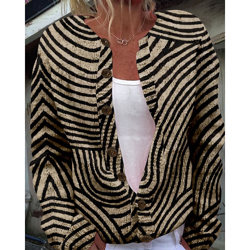 Women's Sweater Cardigan Fashion Streetwear Daily Geometric Striped Ribbed Open Front Knitted Long Sleeve Regular Tops Knit Holiday Going out Weekend White Brown Fall Winter