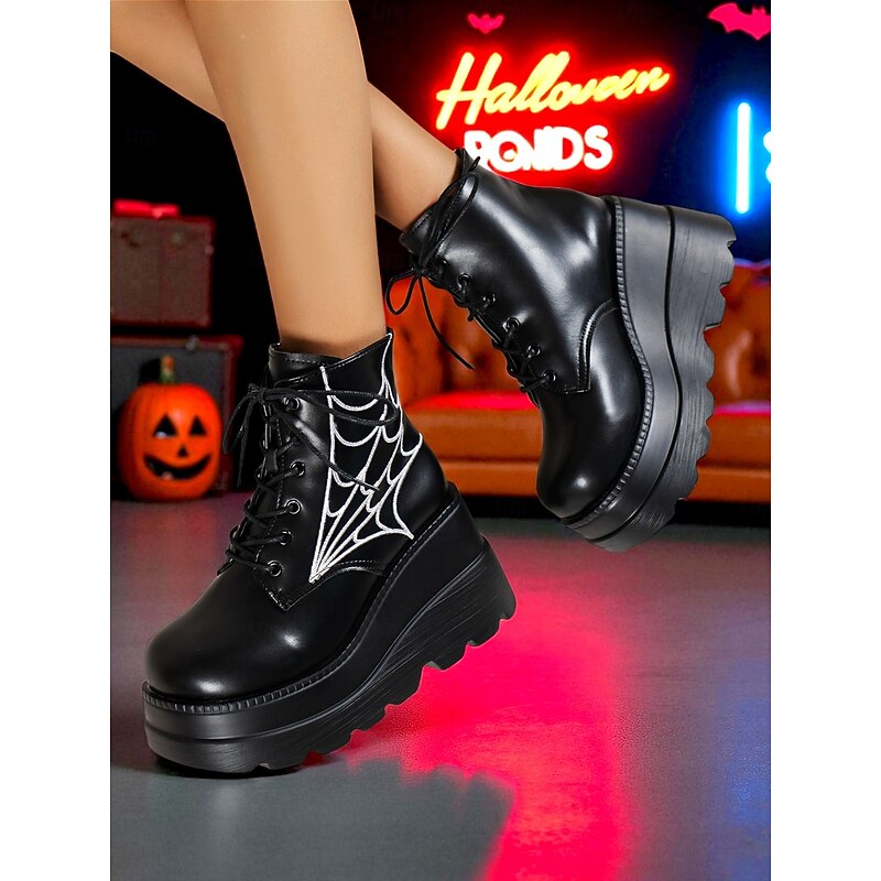 Women's Black Platform Boots with Spider Web Design - Chunky Lace-Up Ankle Boots for Halloween,  Cosplay, and Masquerade Balls, Punk and Gothic Style, Comfortable for All-Day Wear3