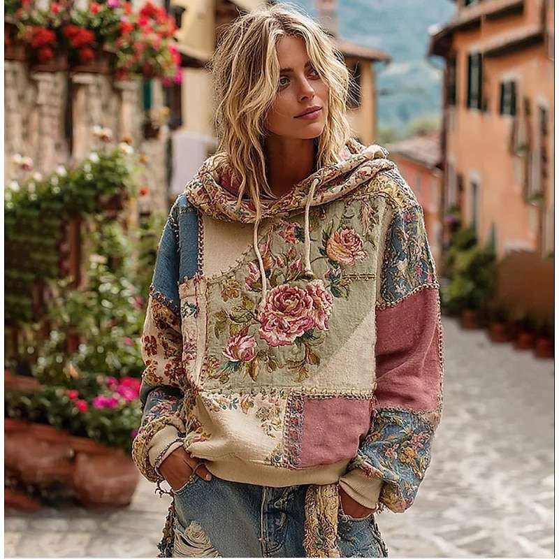 Women's 3D Print Vintage Boho Hoodie Patchwork Hoodie Sweatshirt Floral Pullover Sweatshirt Oversized Warm Active Hooded Street Dailywear Patchwork Black White Yellow Dark Pink Spring Fall Winter
