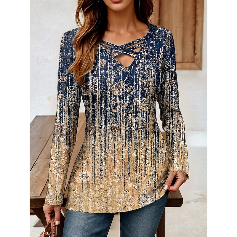 Women's T Shirt Ombre Graphic Striped Vintage Stylish Classic Long Sleeve V Neck Regular Tops Daily Tassel Tie Print Khaki Spring Fall