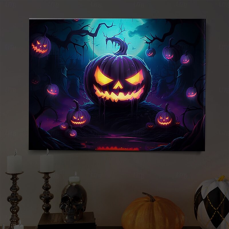 Halloween Glowing Pumpkin Face LED Canvas Wall Art - Battery Operated Lighted Wall Decor for 2025 Halloween home decoration light livingroom and bedroom