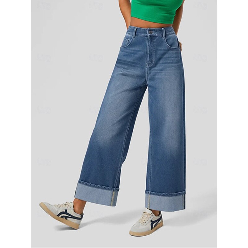 Women's Wide Leg Slacks Casual Full Length Natural Plain Pocket Comfy Street Daily Wear Dark Blue Spring Fall Loose Fit2