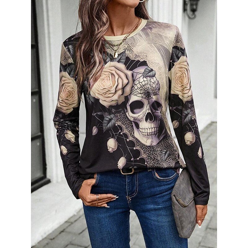 Halloween Women's T Shirt Skulls Long Sleeve Crew Neck Long Sleeve Tunic Floral Graphic Vintage Stylish Classic Round Neck Regular Tops Daily Print Pink Khaki Fall Winter Prefall3