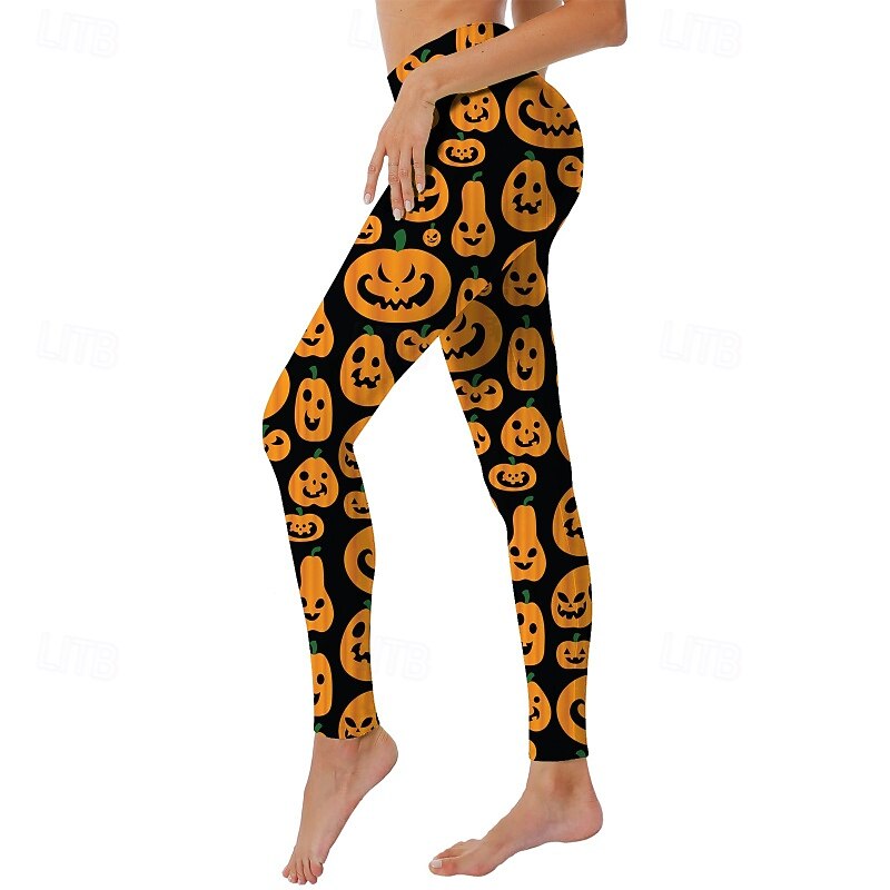 Women's Slacks Leggings Streetwear Casual Full Length NaturalPantsHalloween Pumpkin Elastic Waist Printing Soft Street Holiday Daily Wear Black Gold Orange red Brass Black Fall Regular Fit2