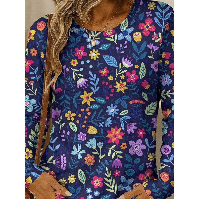 Women's T shirt Crew Neck Long Sleeve Tunic Floral Graphic Plants Vintage Stylish Classic  Round Neck Regular Tops Daily Print Red Blue Purple Brown Green Fall3