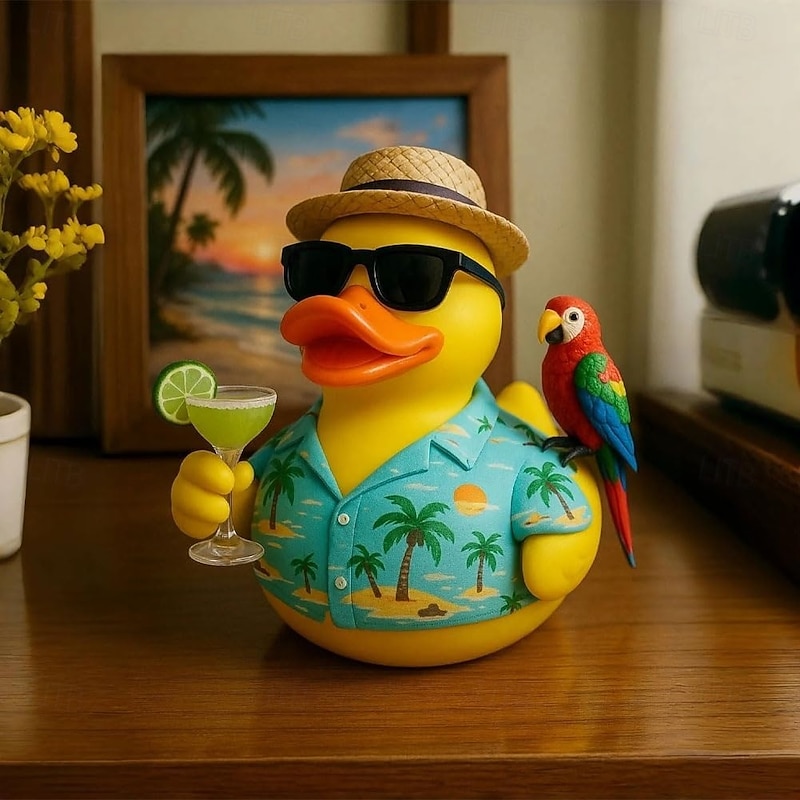 Hawaiian Tropical Parrot Duck Figurine, Funny Beach Party Duck Decor, Island-Themed Rainforest Bird Duck Statue, Summer Table Decoration Gift for Kids and Adults2