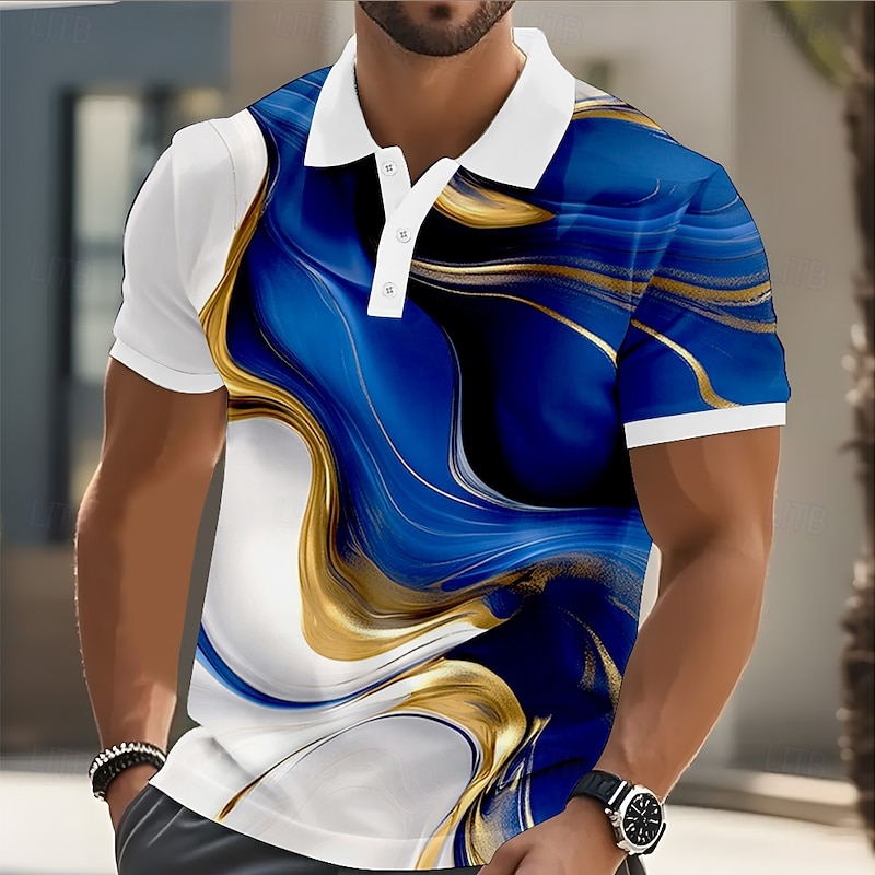 Men's Abstract Marble Polo Short Sleeve Polo Shirts Collared Shirts Casual Outdoor Athleisure Daily Wear 3D Print Buttons Summer White Blue Light Blue2