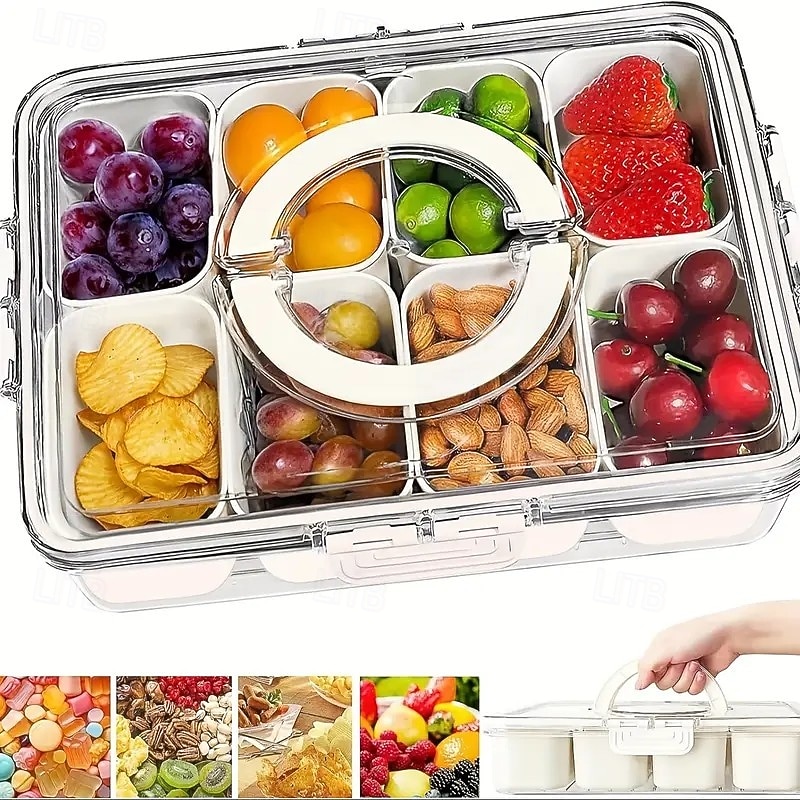 Food Storage Tray with Lid and Handle, Multi-Compartment Snack Organizer Box for Candy, Fruit, Nuts, Portable Rectangular Design, Food-Grade Material, Perfect for Parties, Weddings, and All-Season Use