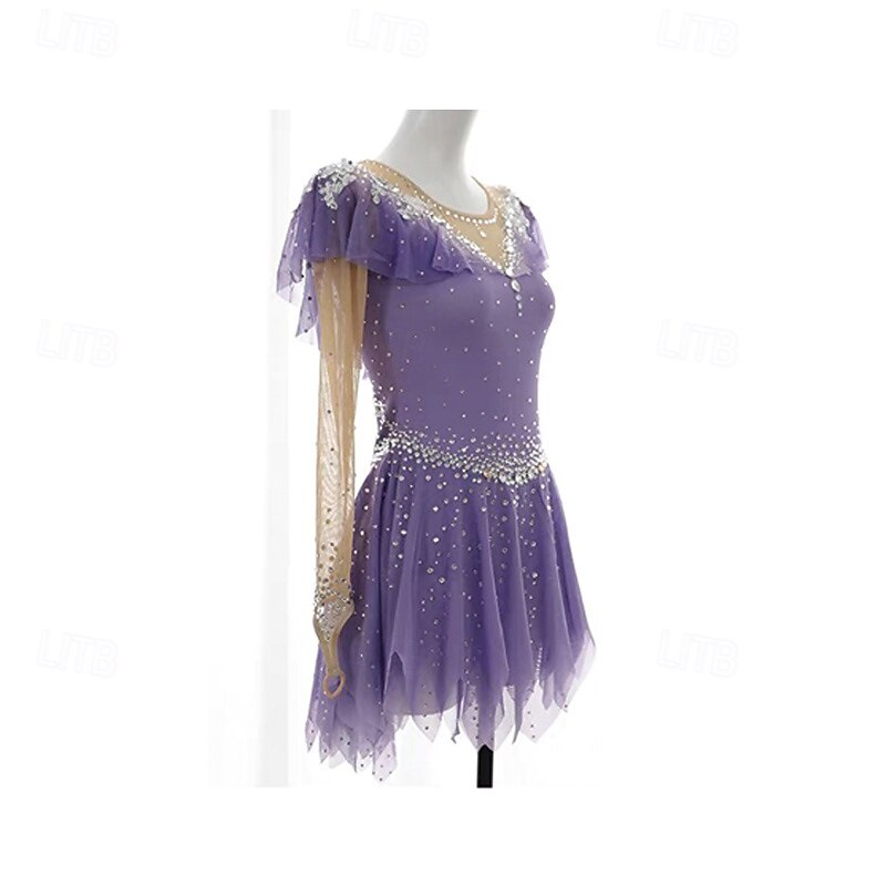 Figure Skating Dress Women's Girls' Ice Skating Dress Violet Patchwork Thumbhole Mesh Spandex Stretchy Training Practice Professional Skating Wear Thermal Warm Crystal / Rhinestone Long Sleeve Ice4