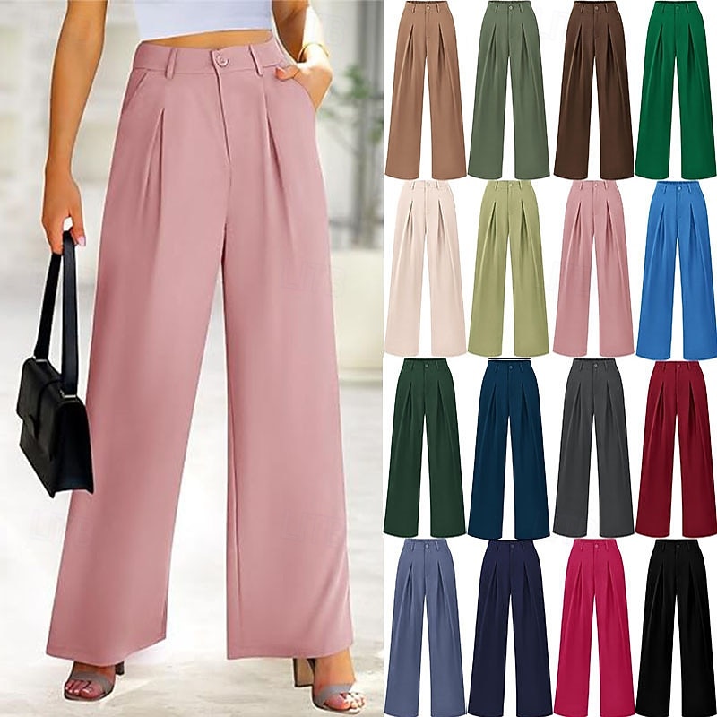 Women's Wide Leg Slacks Streetwear Casual Full Length Natural Plain Elastic Waist Comfortable Street Holiday Daily Wear Apple Green claret Dark-Gray Lake blue Fall Regular Fit