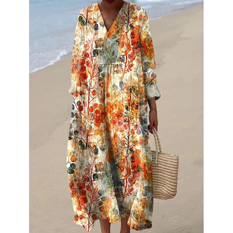 Women's Midi Dress V Neck Long Sleeve Kaftan Lightweight Loose Fit A Line Dress Casual Boho Party Going out Floral Graphic Long Sleeve V Neck Black Orange off-white Fall2