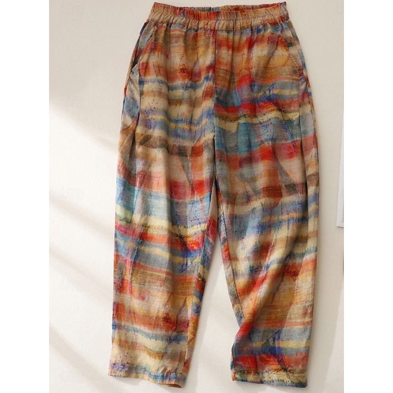 Women's Cotton Linen Pants Chinos Vacation Vintage Fashion Full Length Medium Waist Striped Pocket Drawstring Print Comfort Outdoor Stretchy Vacation Street Causal Brown Summer Spring Regular Fit