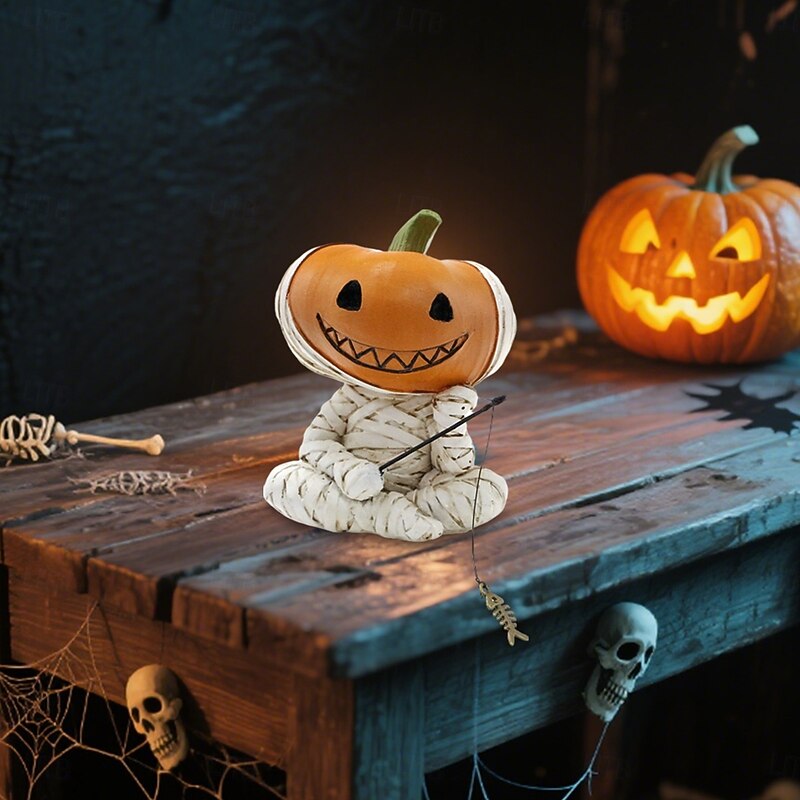 Halloween Resin Bandaged Pumpkin Fishing Figurine, Spooky Outdoor Yard Garden Planter and Desktop Home Decoration