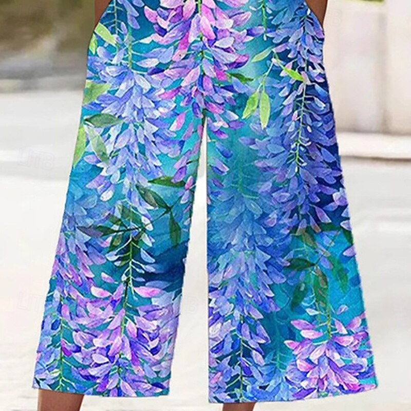 Women's Normal Jumpsuit Streetwear Floral Short Sleeve Wide Leg V Neck Pocket Print Street Daily Regular Fit Blue Summer3