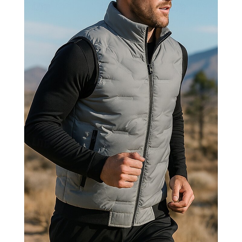 Men's Running Vests Puffer Vest Pockets Zip Up Sleeveless Top Athleisure Solid Colored Packable Lightweight Warm Water Resistant Fishing Hiking Running Sportswear Activewear Black Khaki Gray3