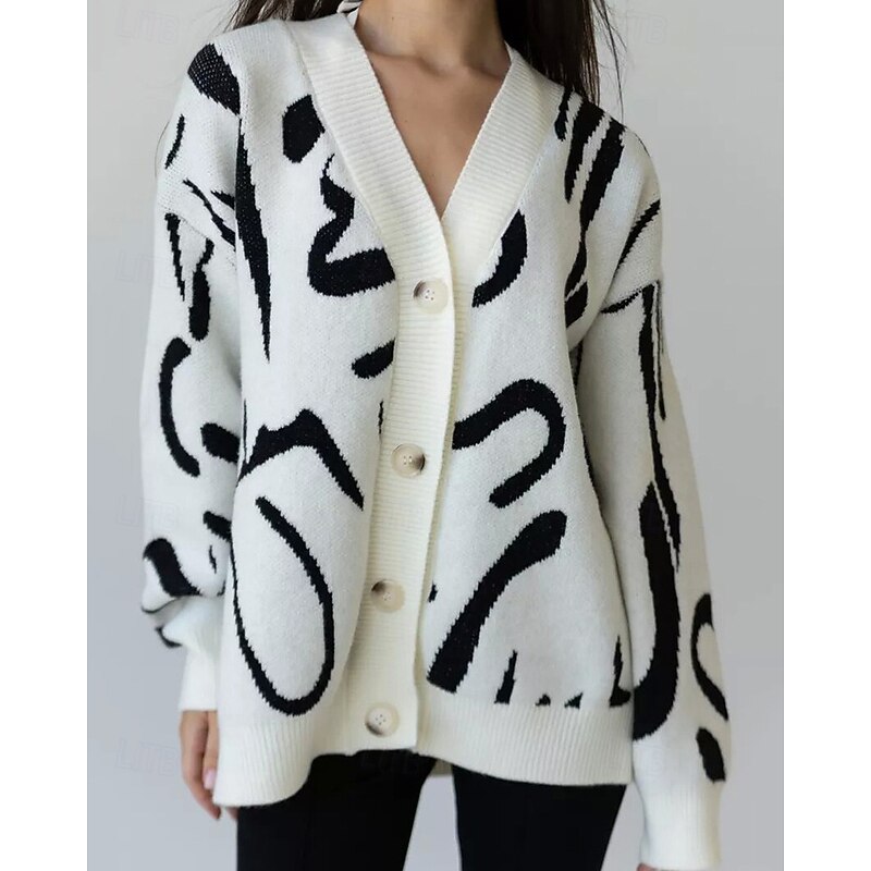 Women's Sweater Cardigan Fashion Streetwear Daily Print Ribbed V Neck Knitted Long Sleeve Regular Tops Knit Holiday Going out Weekend Black Apricot Fall Winter4