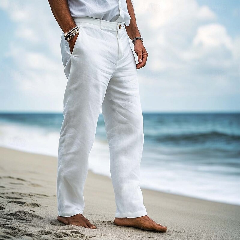 Men's Linen Pants Trousers Dress Pants Summer Pants Baggy Pants Front Pocket Straight Leg Plain Comfort Breathable Full Length Formal Business Holiday Vacation Fashion White Navy Blue Inelastic