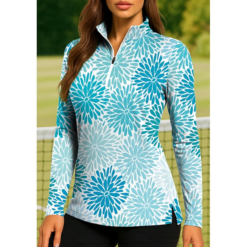 Women's Floral Golf Polo Shirt Tennis Shirt Tennis Sweatshirt Long Sleeve Print Quarter Zip Pullover UV Protection Elastic Breathable Volleyball Tennis Golf Zip Collar Shirt Polo Blue and White3