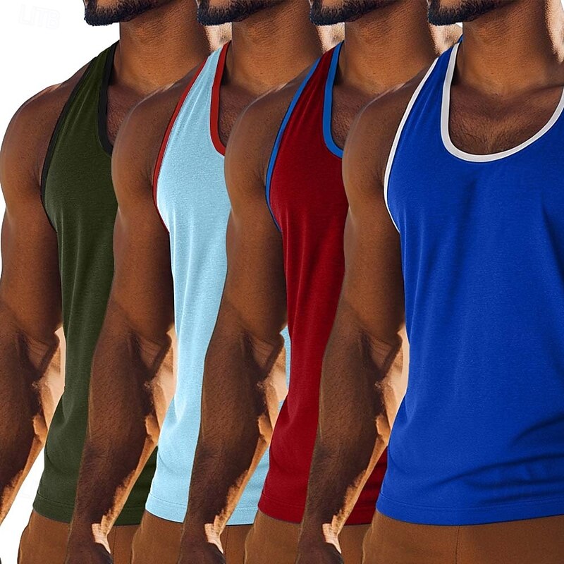 4 Pieces Men's Tank Top Vest Undershirt Sleeveless Shirt Sleeveless U Neck Scoop Neck Summer Solid Color Color Block Plain Fashion Sporty Classic Color Block Street Casual Sports Royal Blue Top3