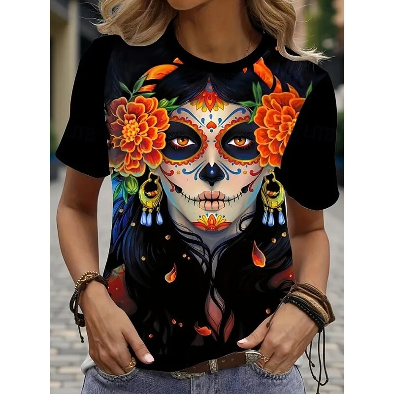 Halloween Women's T Shirt Skulls Skeleton Casual Short Sleeve Round Neck Regular Tops Daily Going out Weekend Print Black White Summer4