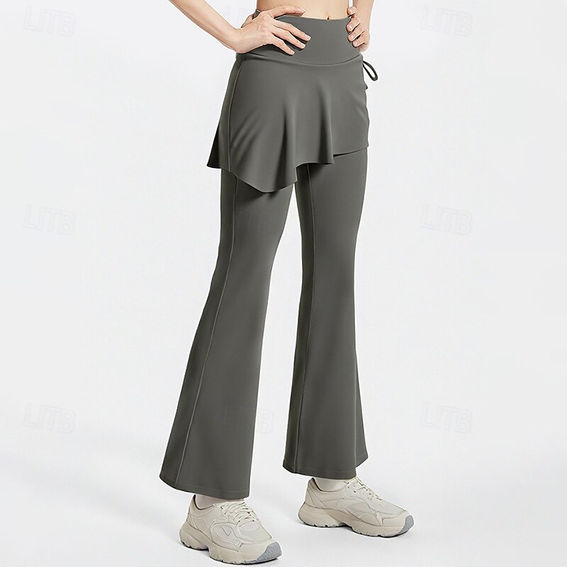 Women's Workout Pants Running Leggings Drawstring Pockets 2 in 1 Tummy Control High Waist Gym Pilates Zumba Bottoms Solid Color Black Coffee Grey Fall Sports Activewear Tight Fit3