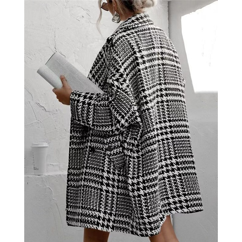 Women's Coat Casual Jacket Warm Comfortable Pocket Fashion Modern Casual Houndstooth Going out Weekend Single Breasted Long Turndown Regular Fit Long Sleeve Outerwear Black Apricot Fall Winter2