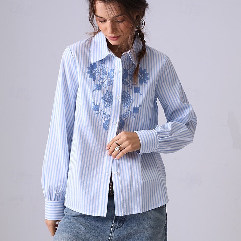 Women's Shirt Button Down Blouse Floral Striped Elegant Bohemia Vintage Long Sleeve Shirt Button Down Blouse Collar Regular Tops Work Daily Holiday Embroidered 1# Original light blue-BLUE3