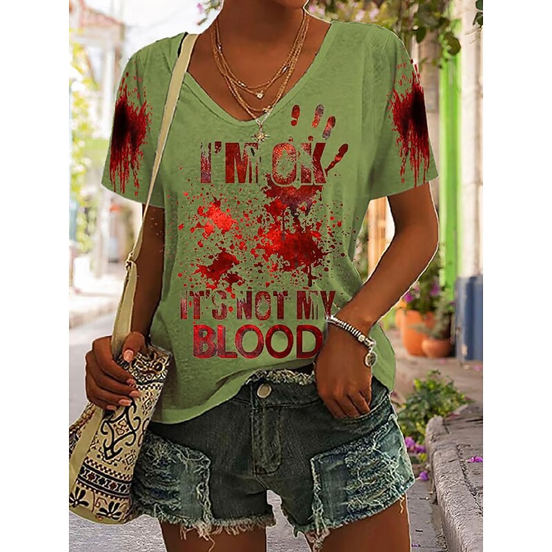 Halloween Women's T Shirt Bloodstain Graphic Letter Vintage Stylish Classic Short Sleeve V Neck Regular Tops Daily Print Black White Blue Green Gray Summer Spring3