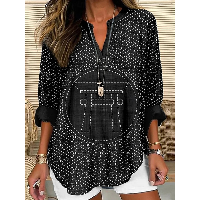 Women's Shirt Geometric Daily Casual Long Sleeve V Neck Regular Tops Daily Holiday Buttons Print Black Navy Blue Spring Fall