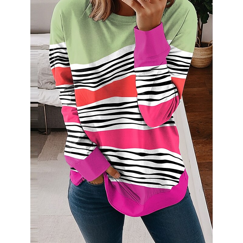 Women's Sweatshirts Graphic Geometric Striped Casual Long Sleeve Crew Neck Regular Tops Street Casual Holiday Print Light Green Blue Purple Green Spring Fall Winter4