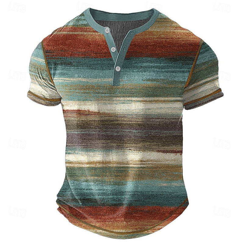 Men's Abstract Horizontal Stripes Henley Shirt Waffle T Shirt Short Sleeve Daily Retro Vintage Classic Sports Outdoor Casual Holiday Spring & Summer All Seasons Brown Dark Blue Green Purple Henley