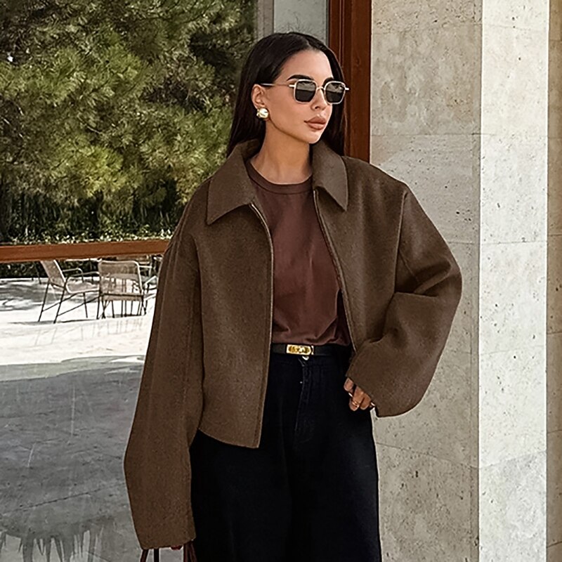 Women's Casual Jacket Warm Comfortable Zipper Elegant Vintage Daily Classic Solid Color School Vacation Office Work Short Turndown Loose Fit Long Sleeve Outerwear Brown Spring Fall