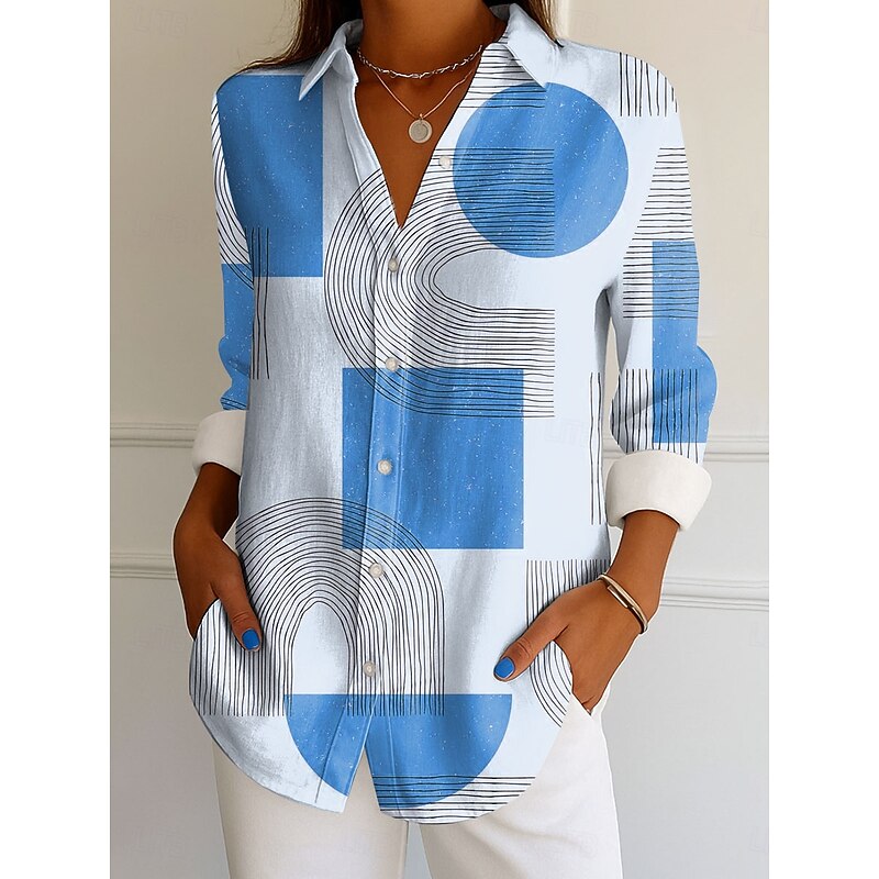 Women's Shirt Button Down Tunic Shirt Collar Long Sleeve Graphic Geometric Vintage Tropical Daily Regular Tops Work Daily s Print Yellow Pink Blue Green Gray Spring Fall2