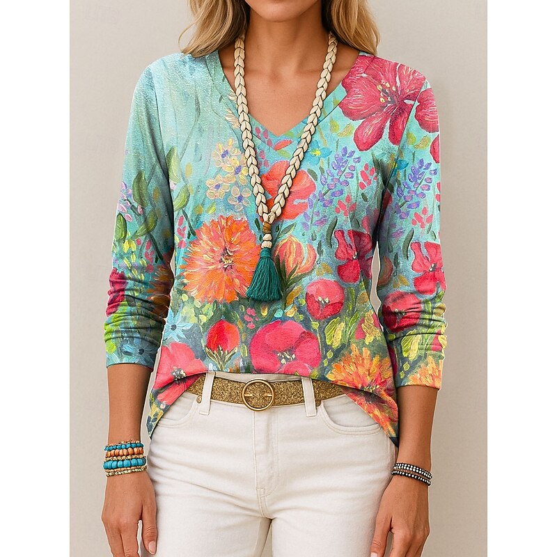 Women's T Shirt V Neck Long Sleeve Tunic Graphic Geometric Vintage Stylish Classic Regular Tops Daily Print Pink Green Summer Spring Fall3