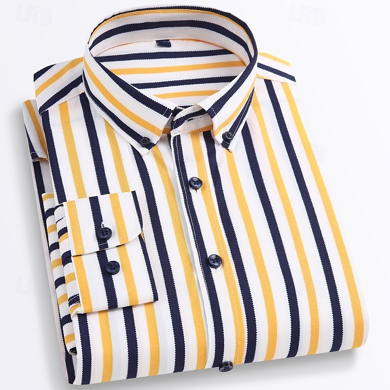 Men's Shirt Dress Shirt Button Down Shirt Non Iron Shirt Striped Corporate Clothing Thanksgiving Black Yellow Red Dark Navy Long Sleeve Lapel All Seasons Clothing Apparel Print2