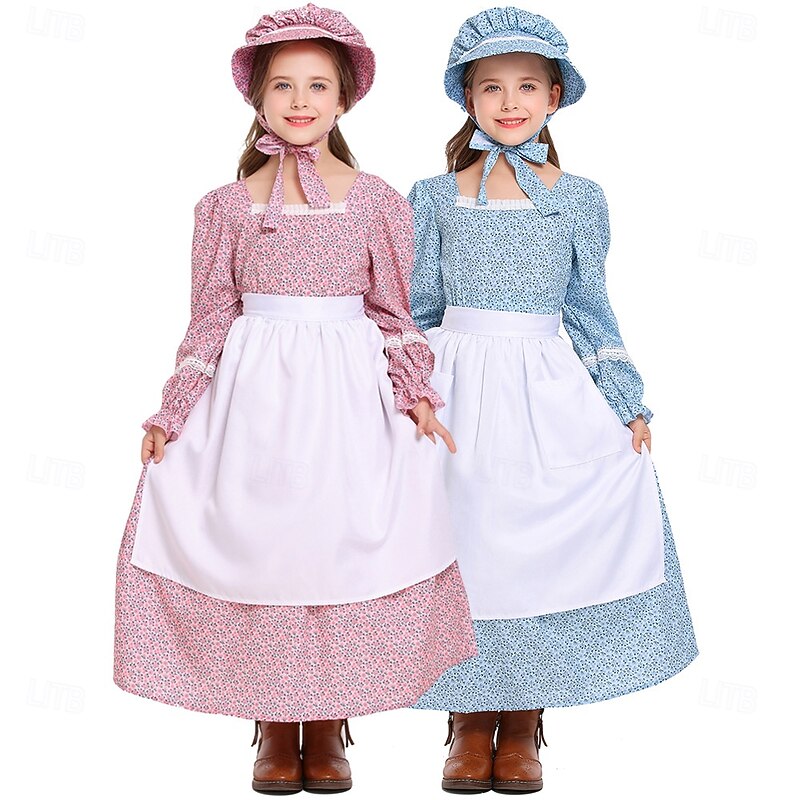 19th Century 1800s Old West Prairie Dress Bonnet and Apron Set Pioneer Floral Fancy Dress Girls' Halloween Carnival World Book Day School Event Dress Up Historical reenactment Dress Apron Hat
