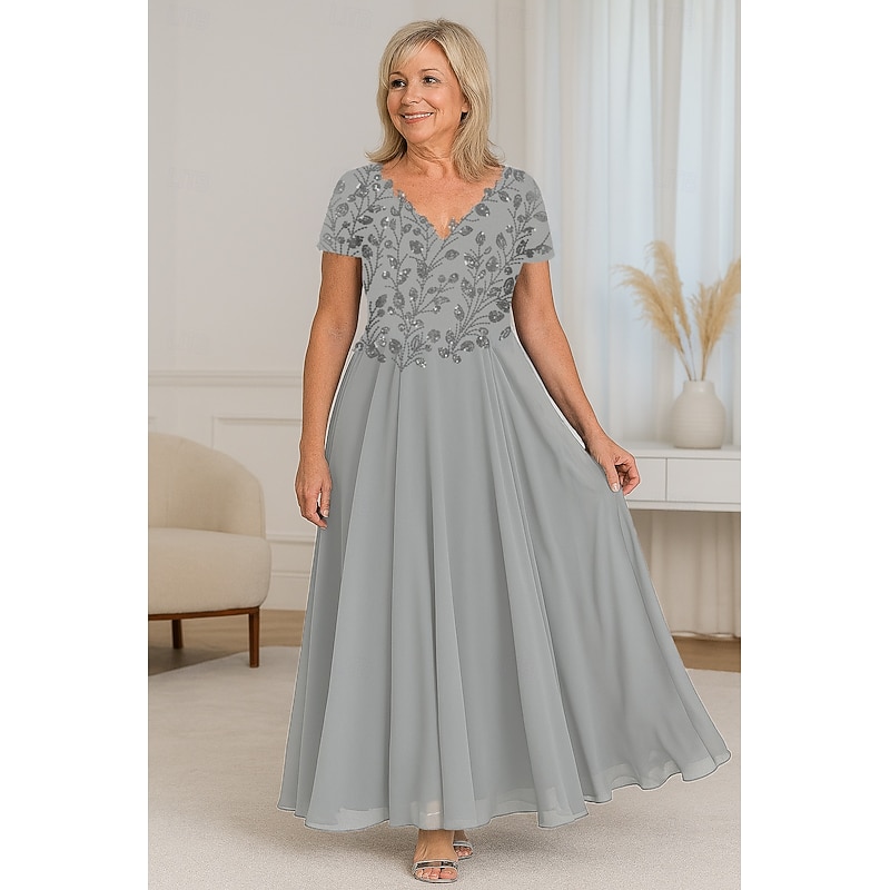 Beaded Lace Two Piece A-Line Mother of the Bride Dress Elegant Simple Luxurious V Neck Floor Length Maxi Length Chiffon Short Sleeve with Stretch Crepe Jacket2